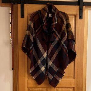 a new day Plaid Cape in Burgundy, Navy, and Tan